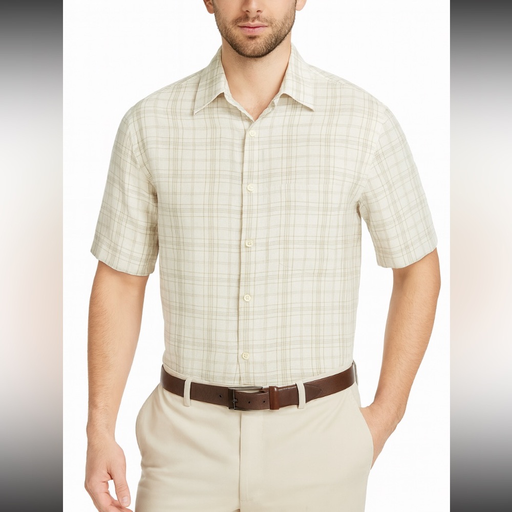 🌷Club Room Linen Cotton Plaid Short Sleeve Button Front Shirt Men’s Size L 3/$30